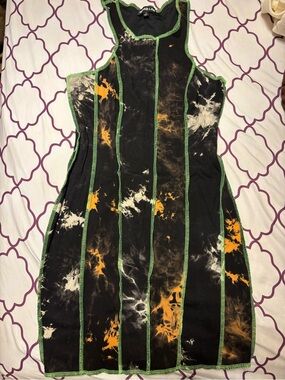 Black Tie-Dye Stripe Bodycon Dress with Green Trim